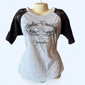 HARLEY DAVIDSON Women's Whiteand Black Lace Sleeve Top